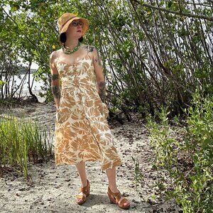 Taupe and Cream colored Leaf pattern button up cami midi dress (S,M,L)